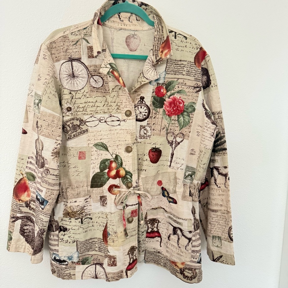 Vintage Beige Novelty Collage Print Jacket Art to Wear French Country Tapestry